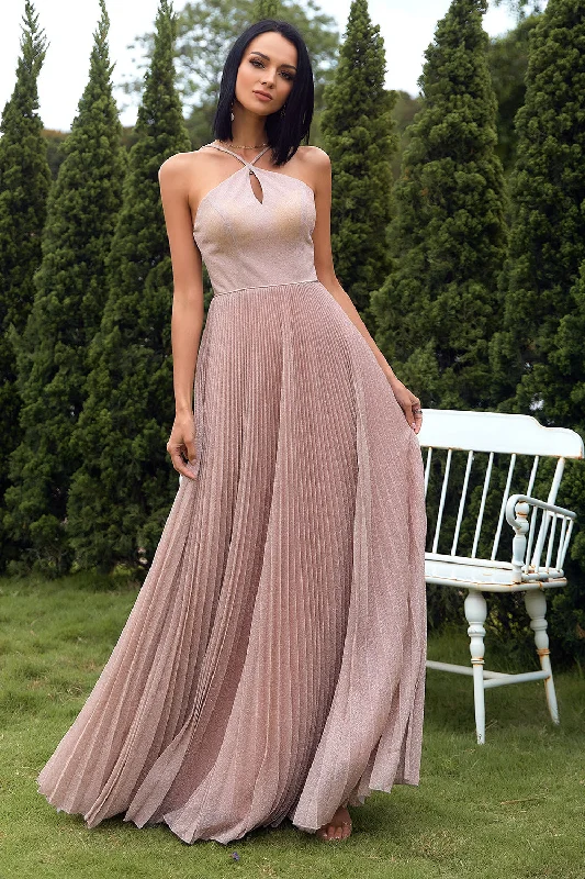 Blush Halter Sparkly Prom Dress with Ruffles