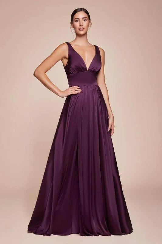 Cinderella Divine - 7469 Sleeveless V Neck Flowing Satin Gown