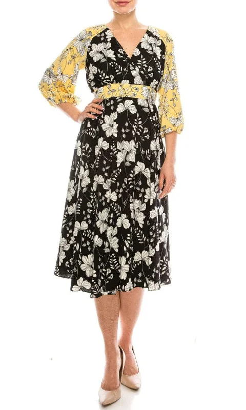 Gabby Skye - 91196MG Quarter Sleeve Floral Color Block A-Line Dress