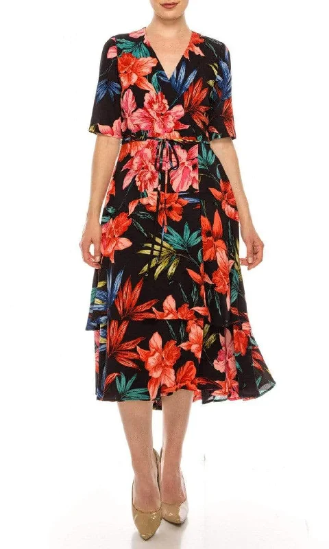 Maison Tara - 91071M Short Sleeve Floral Print A-Line Dress