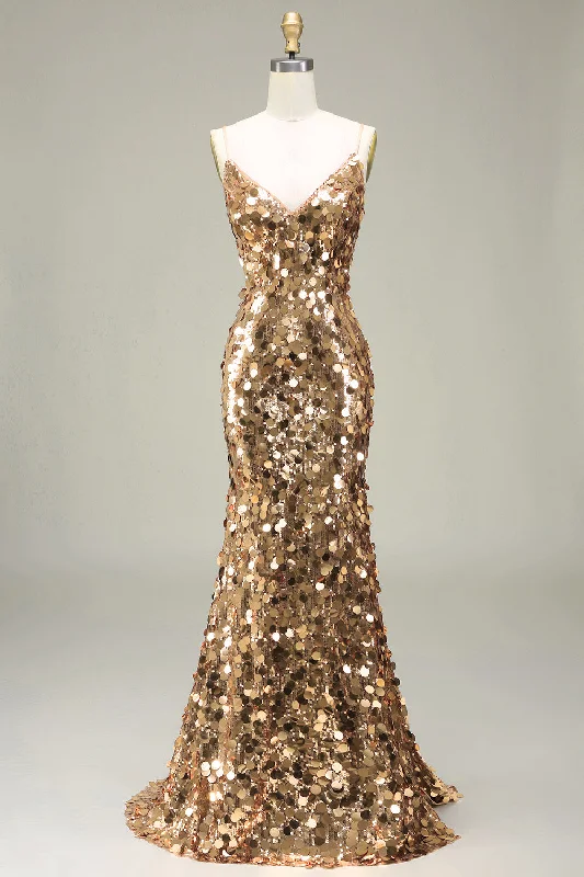 Sparkly Golden Mermaid Sequin Prom Dress With Slit