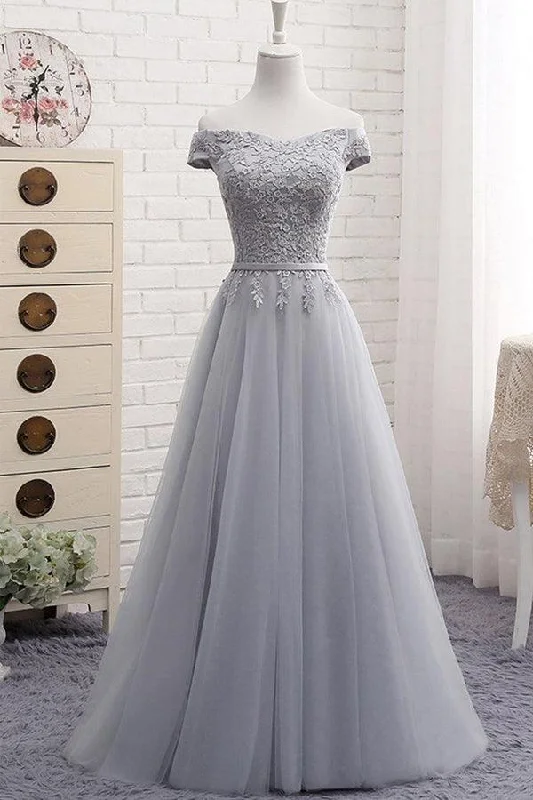 A-Line Gray Off The Shoulder Tulle Lace-Up Sweetheart Prom Dress PG494