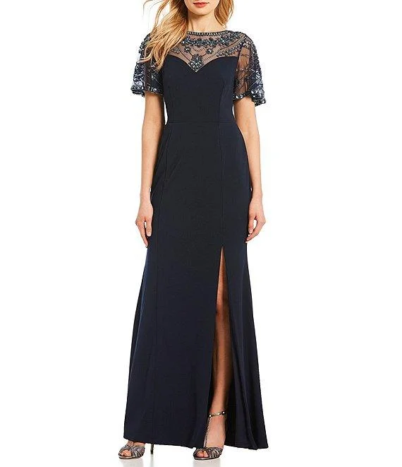 Aidan Mattox - MD1E203616 Beaded Neckline Slit Column Gown