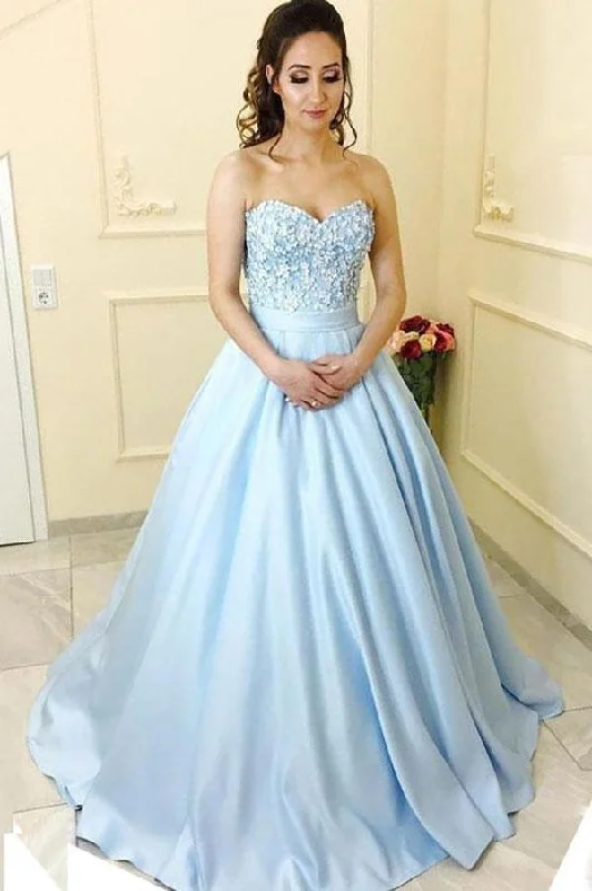 Blue Satin A-line Princess Sweetheart Neck Strapless Long Prom Dresses PG511