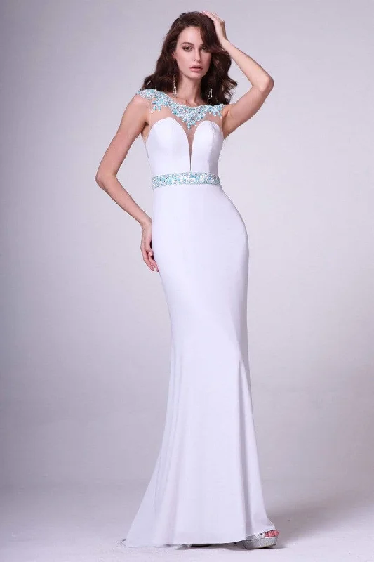 Cinderella Divine - 8746 Embellished Illusion Bateau Neck Sheath Dress