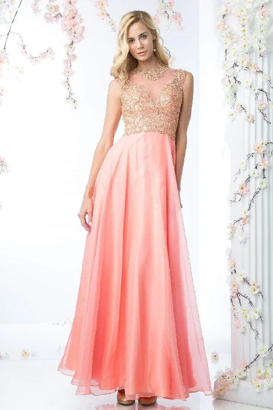 Cinderella Divine - Embellished Illusion Jewel Neck A-line Gown