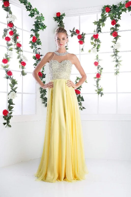 Cinderella Divine - High Halter Pearl Adorned Bodice Chiffon Gown