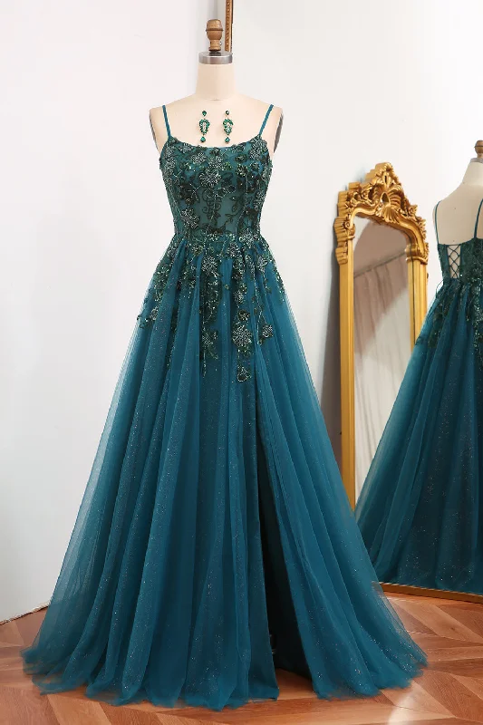 Dark Green A Line Tulle Long Appliqued Prom Dress With Slit