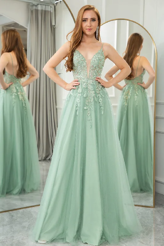 Green A Line Tulle Backless Long Prom Dress With Appliques