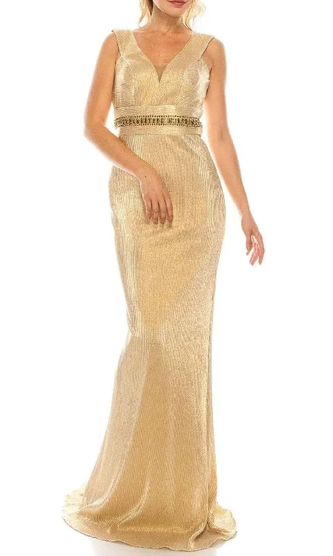 Odrella - 4767 Sleeveless Empire Waist Metallic Rib Sheath Gown