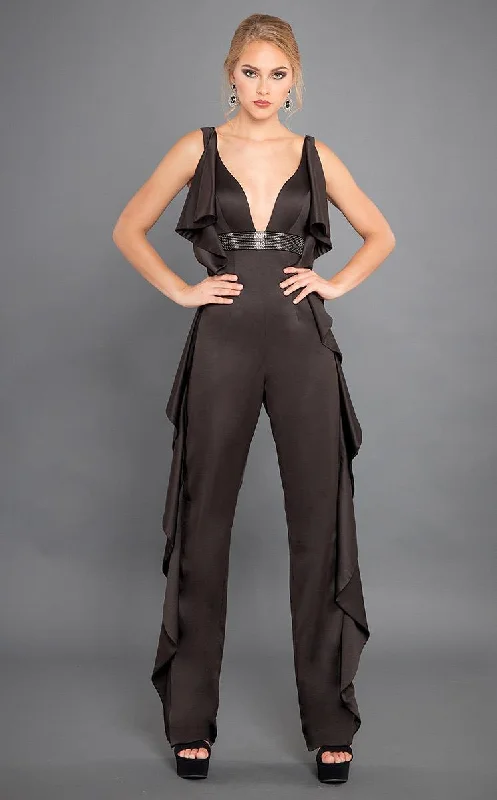 Rachel Allan Couture - 8308 Embellished Deep V-neck Jumpsuit