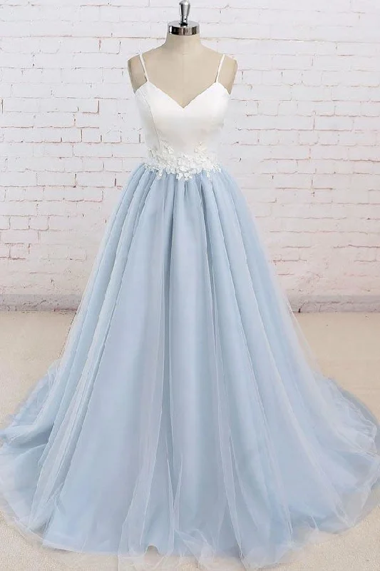 Spaghetti Straps Sweep Train Backless Light Blue Tulle Prom Dress PG498