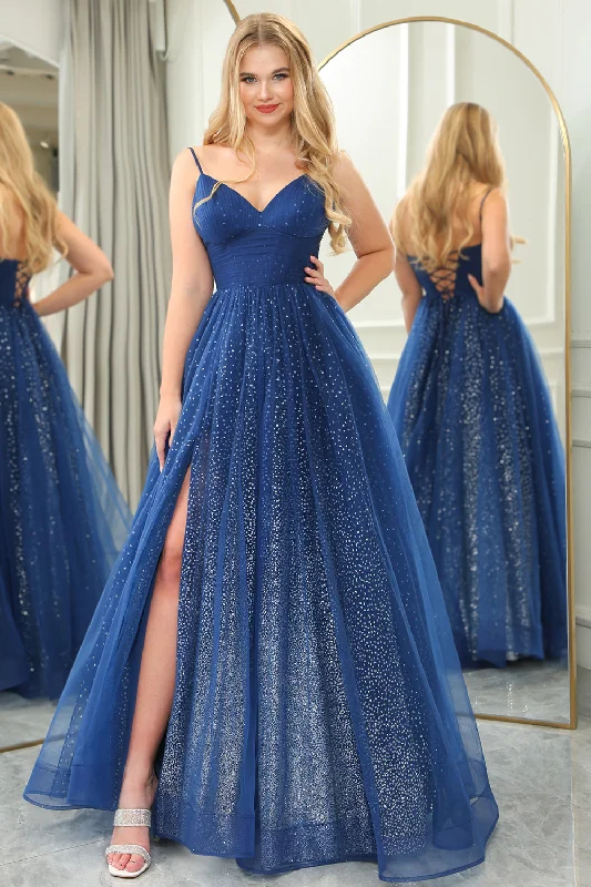 Sparkly Navy Beaded A Line Long Prom Dress With Slit