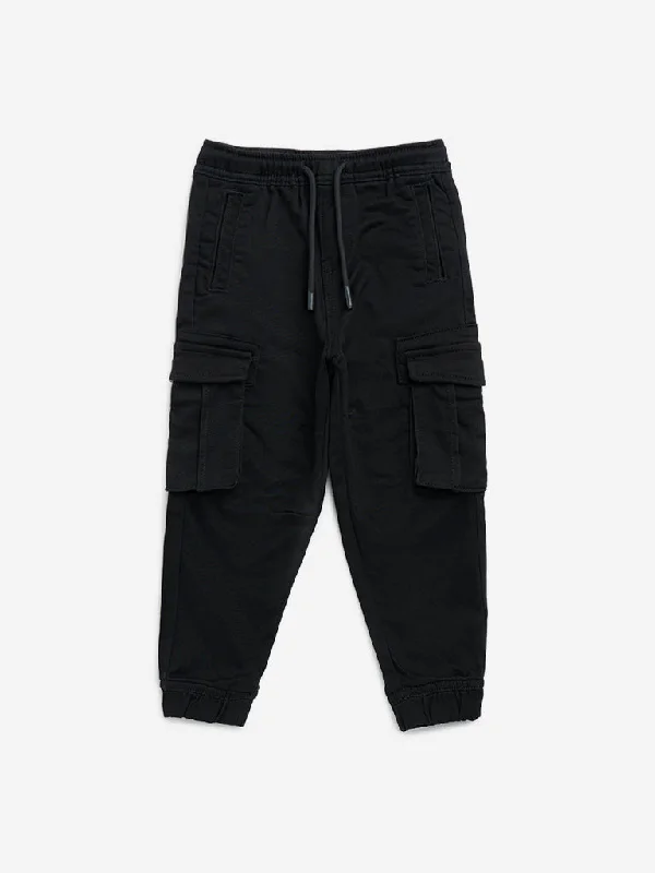 HOP Kids Black Cargo-Style Mid-Rise Cotton Blend Joggers