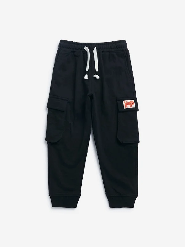 HOP Kids Black Solid Cargo-Style Mid-Rise Joggers