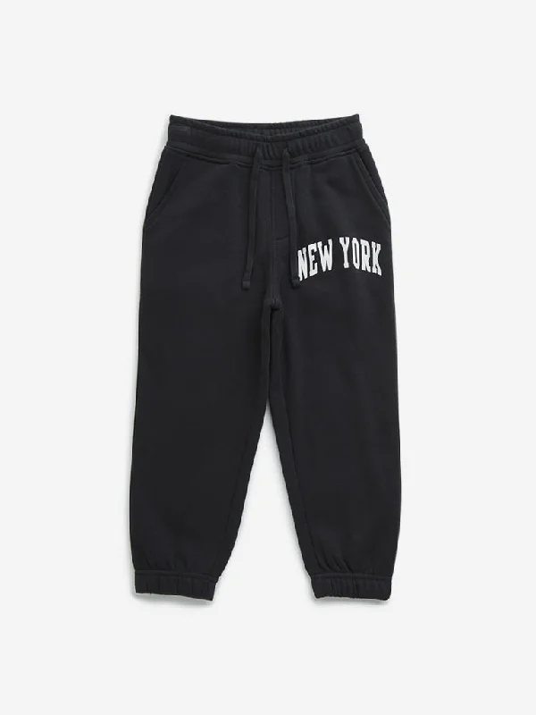 HOP Kids Black Text Printed Mid-Rise Cotton Blend Joggers