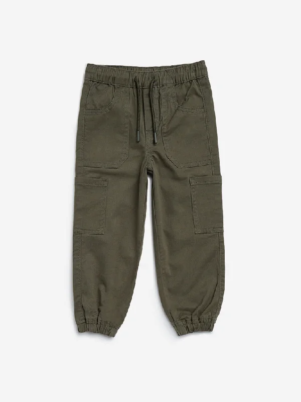 HOP Kids Olive Mid-Rise Cotton Blend Cargo Joggers