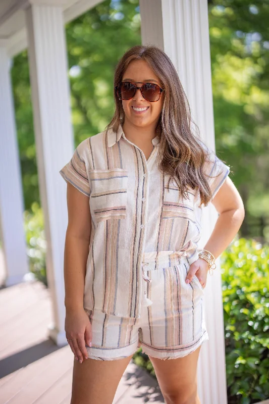 Pastel Sunsets Cream Striped Shorts